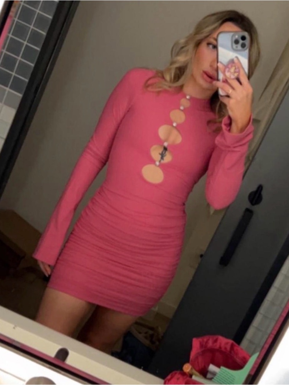 Oh Polly Rose-Pink Long Sleeve Cutout Mini Dress